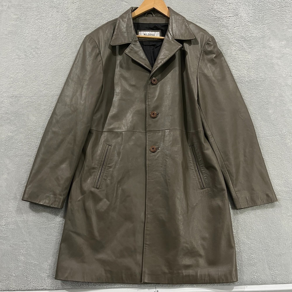 Wilsons Leather Maxima Trench Coat Mens M Olive Green Lined Notch Lapel Formal